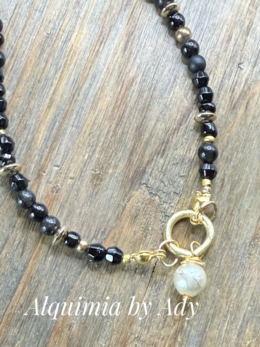 Black, Gold and onyx+ Pearl Accent Beaded Necklace